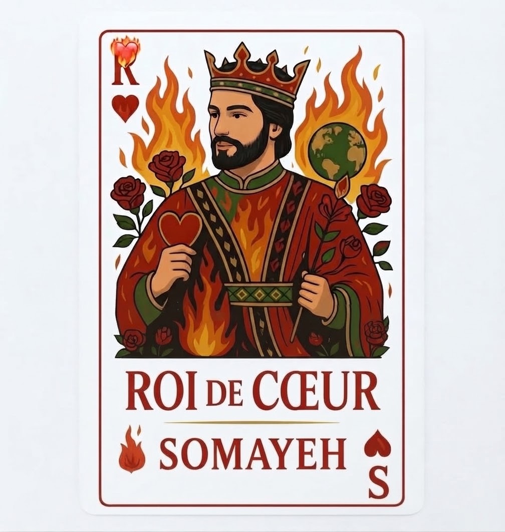 Pochette de Roi de Cœur : un roi de cœur couronné, dessiné comme une carte à jouer, entouré de flammes et de roses