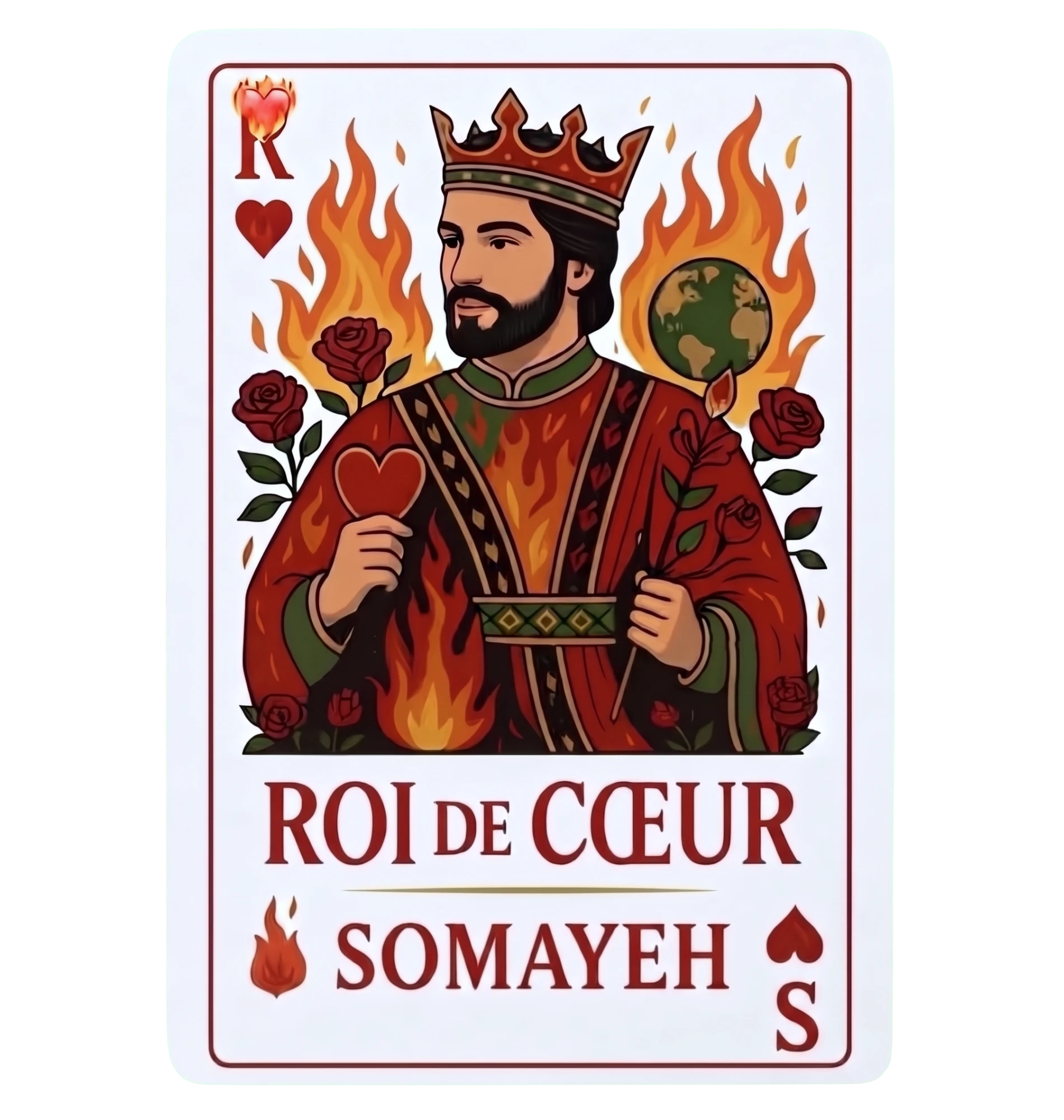 Pochette de Roi de Cœur : un roi de cœur couronné, dessiné comme une carte à jouer, entouré de flammes et de roses